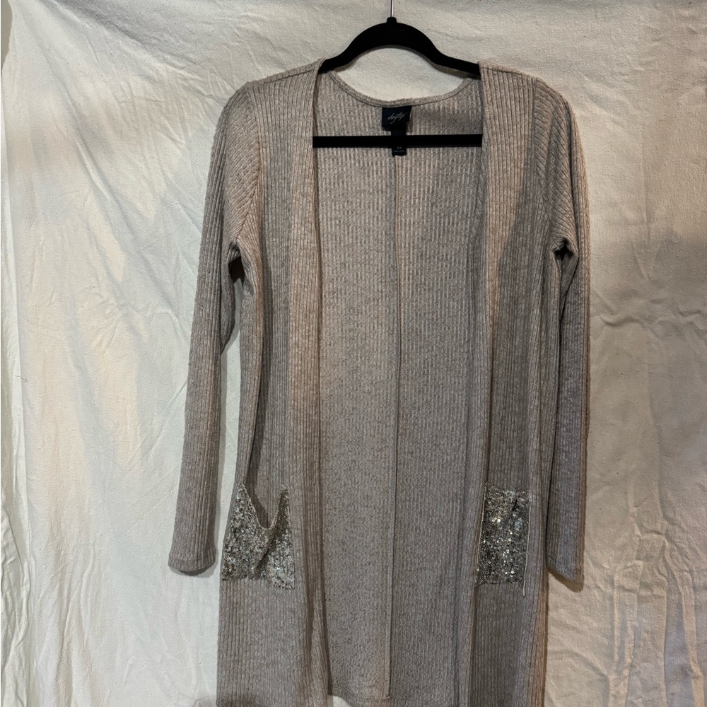 Daytrip Beige Open-Front Cardigan with Sequin Pockets